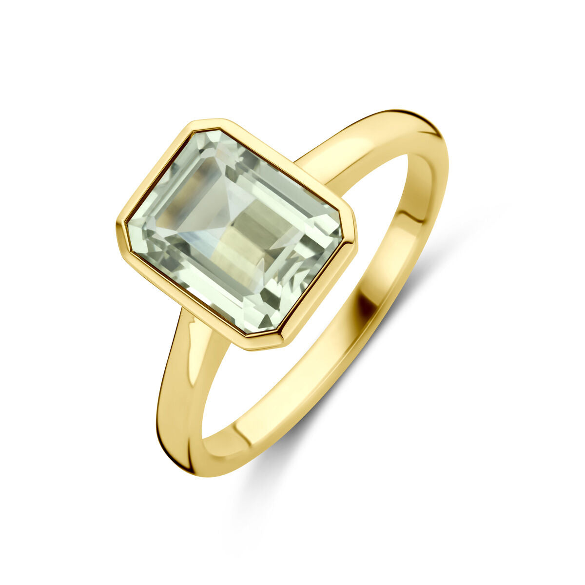 Bague en or jaune 14K avec un améthyste vert en taille émeraude.