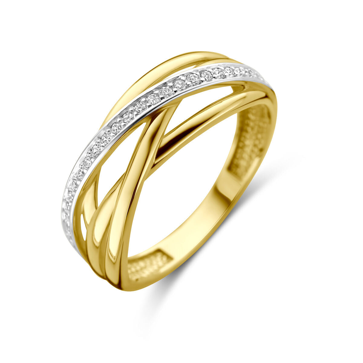 Bague en or jaune 14K avec zirkonia, design entrelacé et brillant.