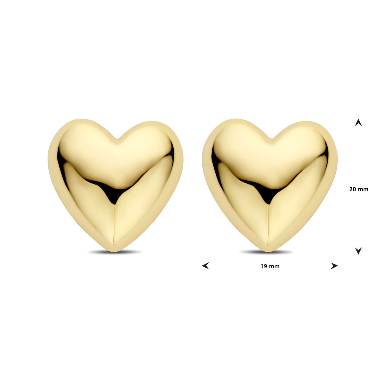 puces d'oreilles cœur 20 mm 1 micron argent plaqué or (jaune)