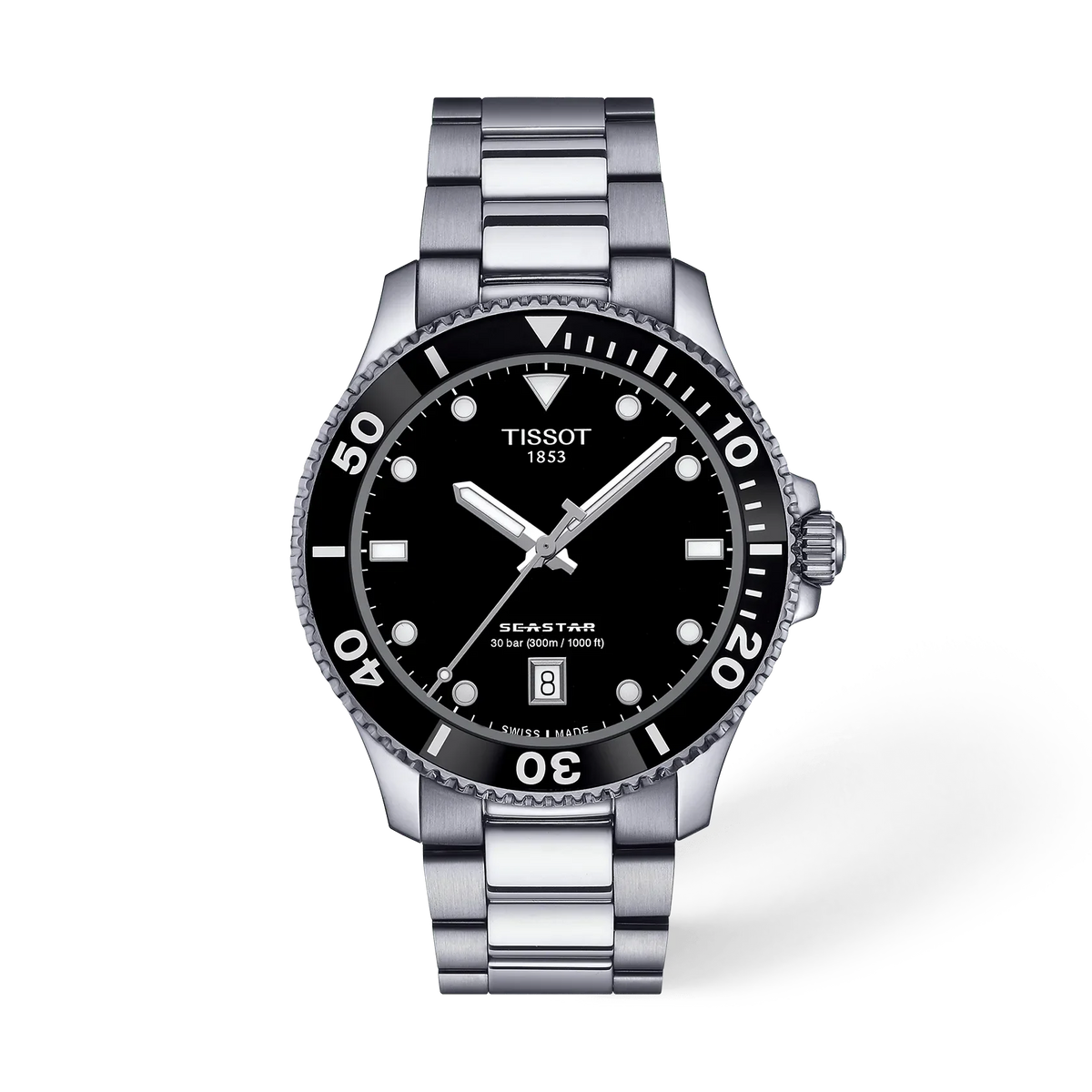 Montre Tissot Seastar 1000 de 40 mm avec cadran noir, boîtier en acier inoxydable et bracelet en acier.