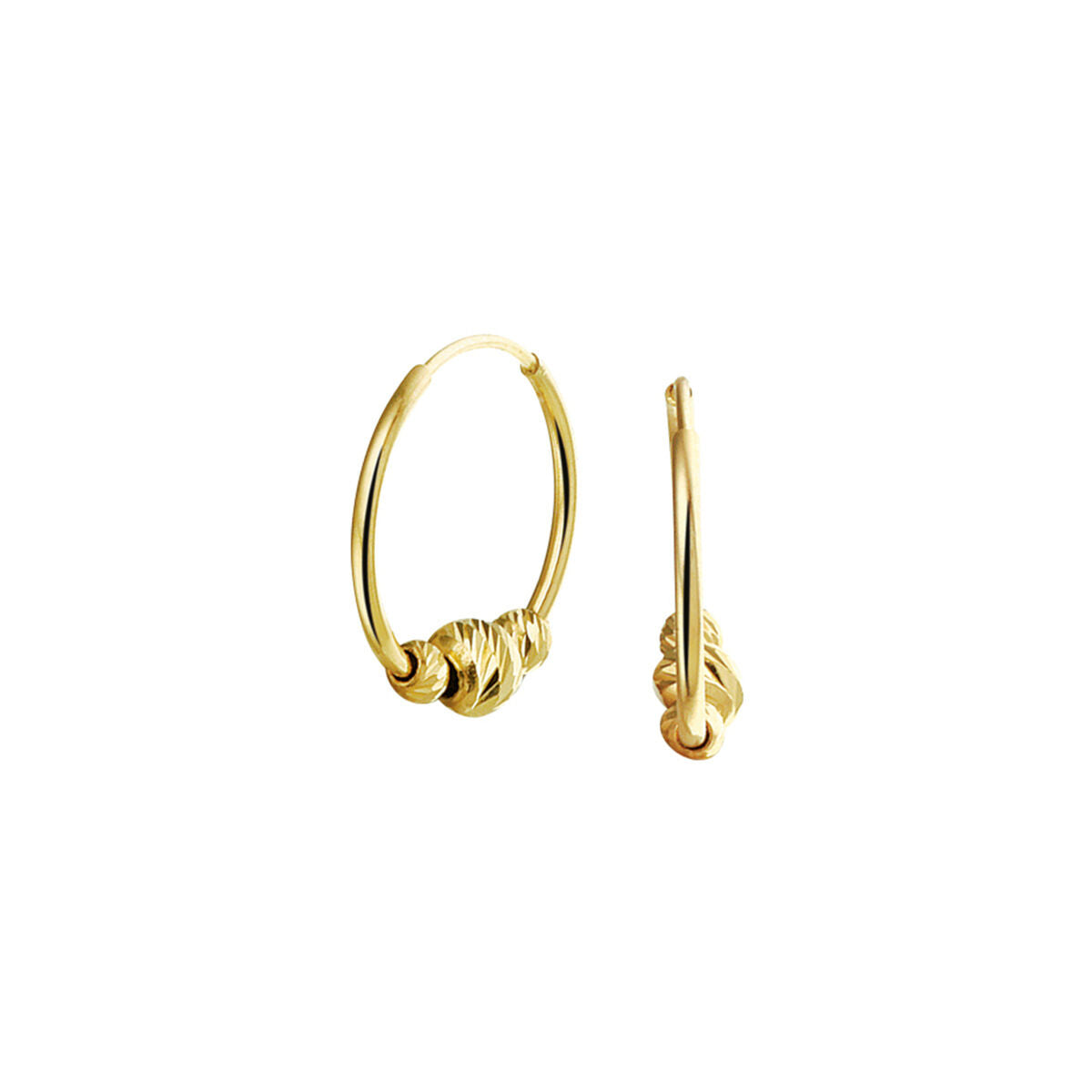 Boucles d'oreilles en or jaune 14K avec des petits boules et un design en anneau.