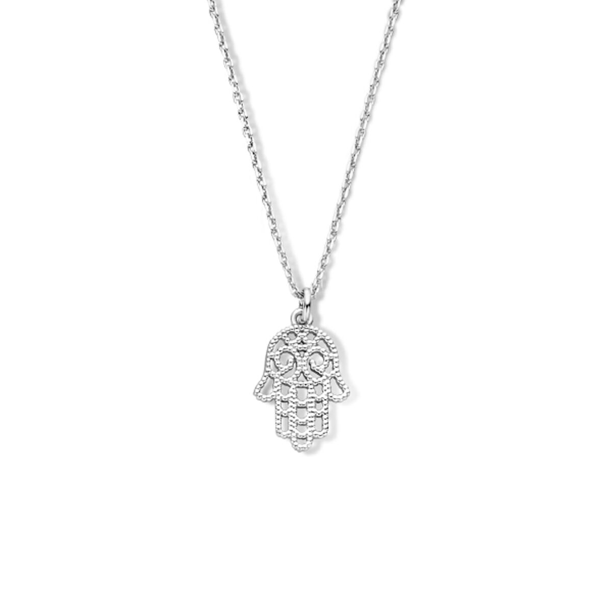 Collier en argent rhodié avec pendentif en forme de main de Fatima, longueur 40 + 4 cm.