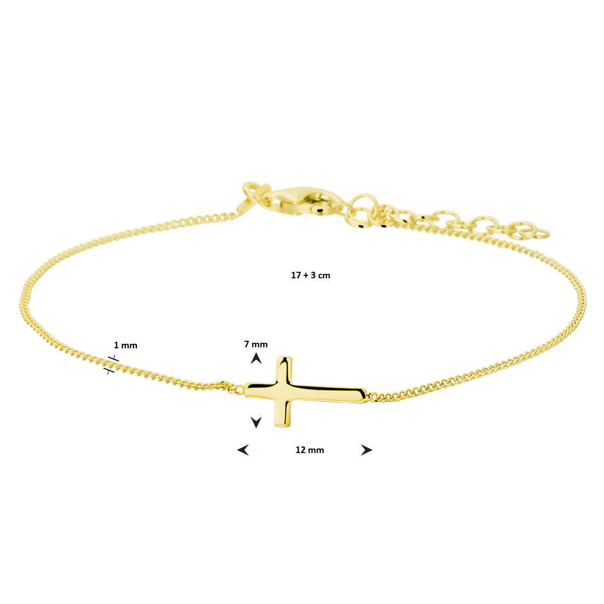 bracelet croix 17 + 3 cm 3 microns argent plaqué or (jaune)