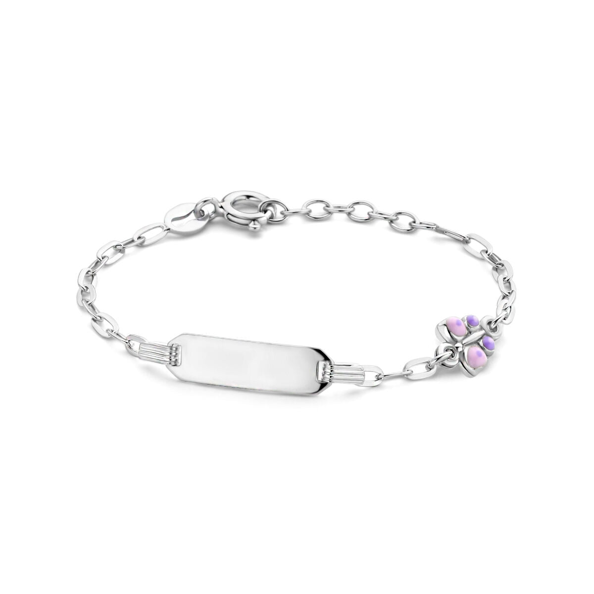 Bracelet en argent rhodié avec plaque gravable et charm papillon.