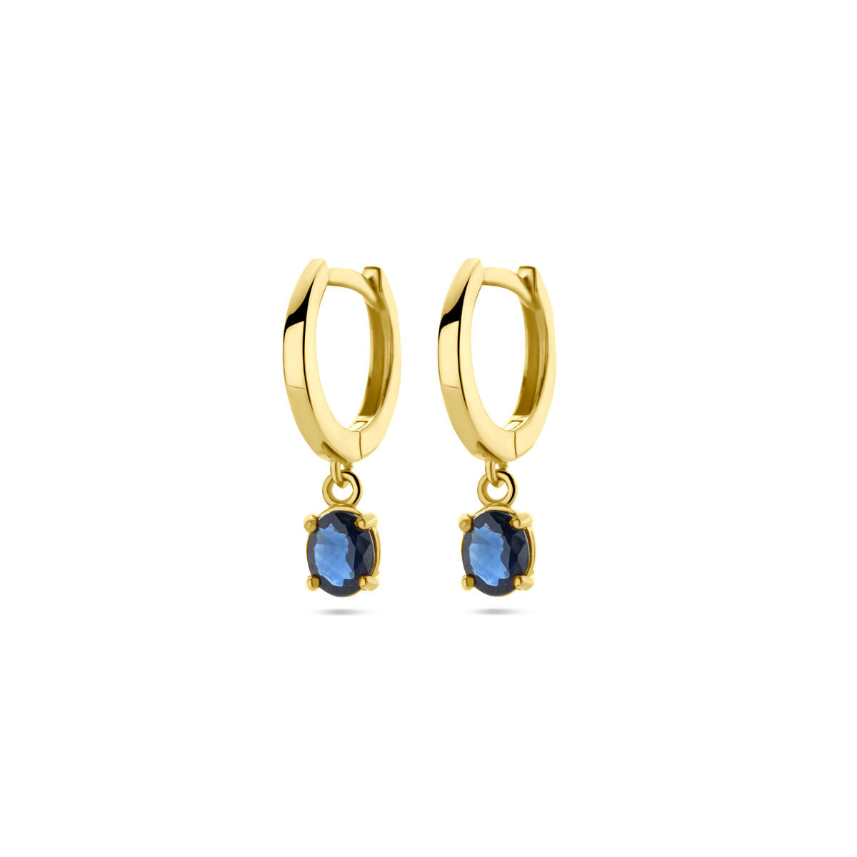 Boucles d'oreilles en or jaune 14K avec saphirs, forme ronde, d'une longueur de 19 mm.