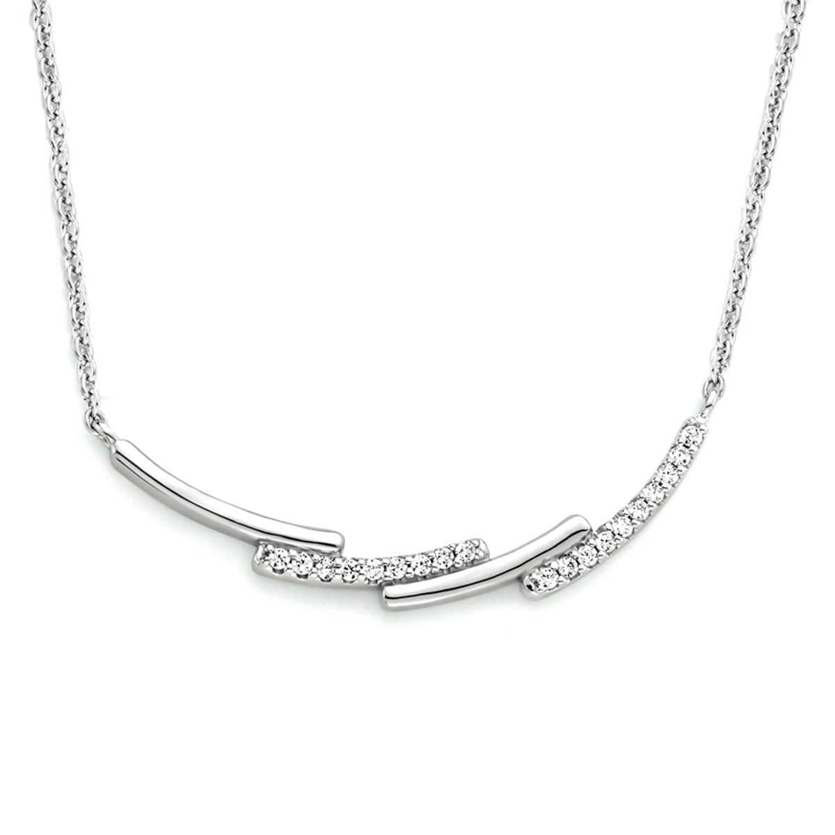 Collier en argent rhodié avec des éléments ondulés et des zircons scintillants.