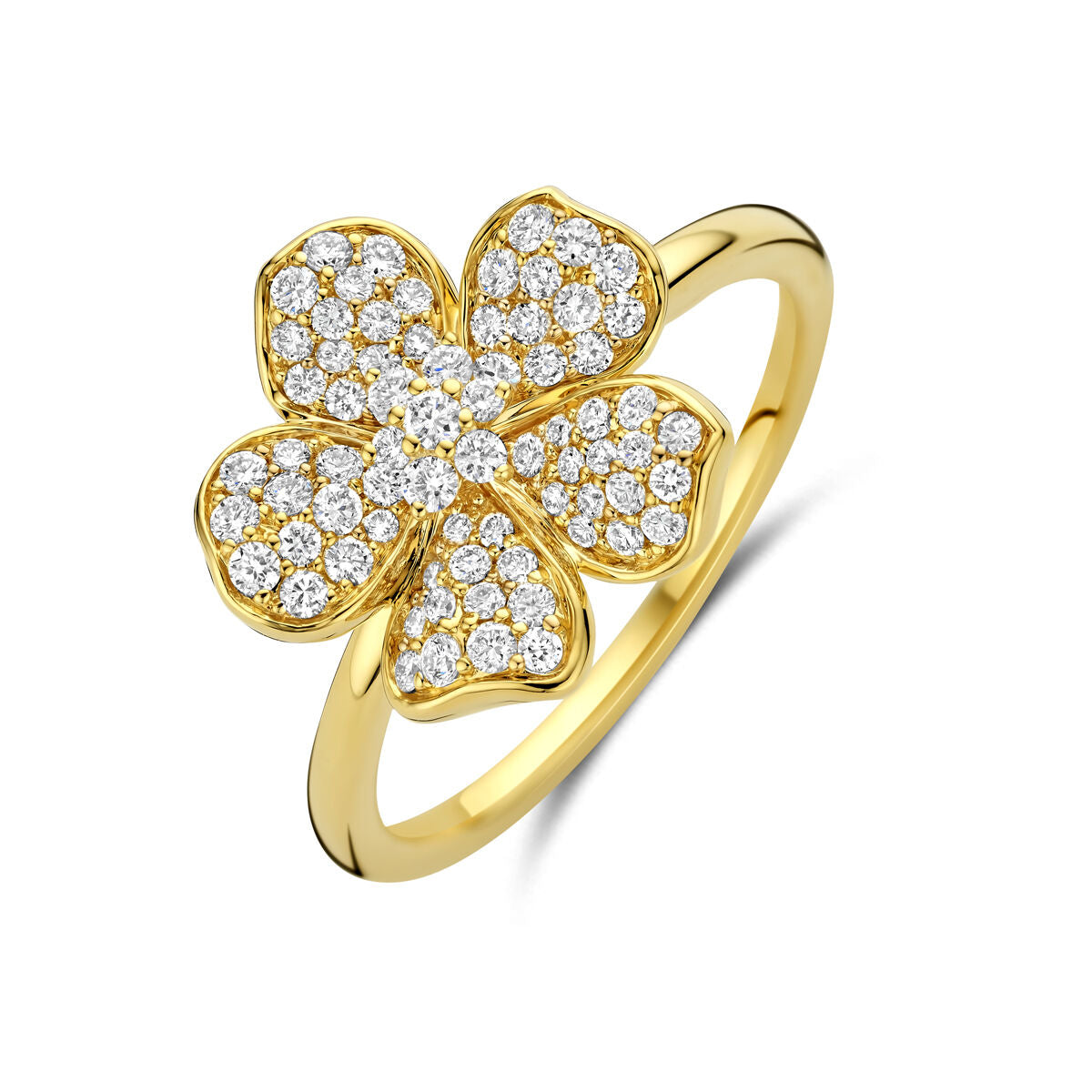 Bague en or jaune 14 carats avec motif de fleur ornée de diamants.