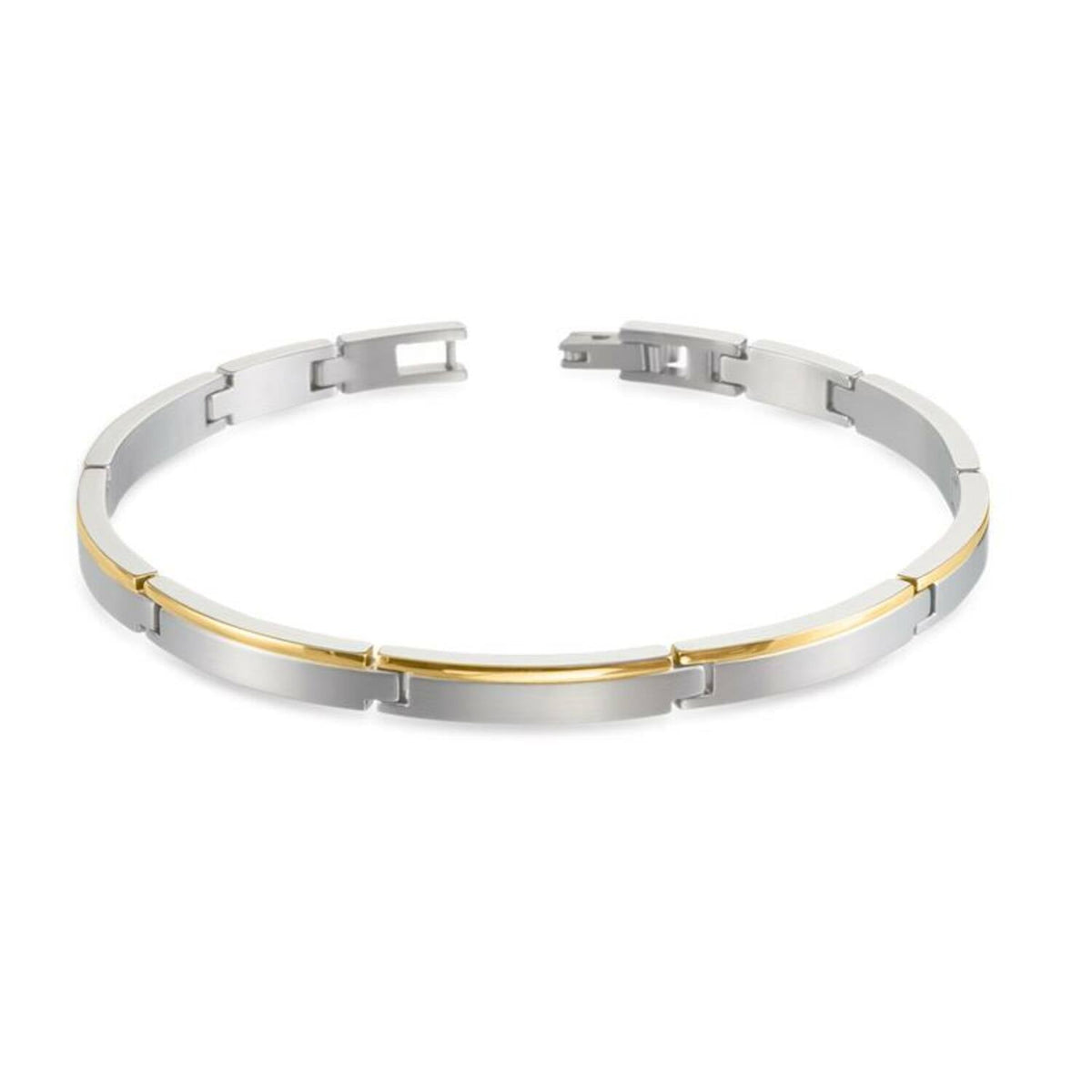 Bracelet en titane bicolore avec une finition mate et une bande dorée centrale.