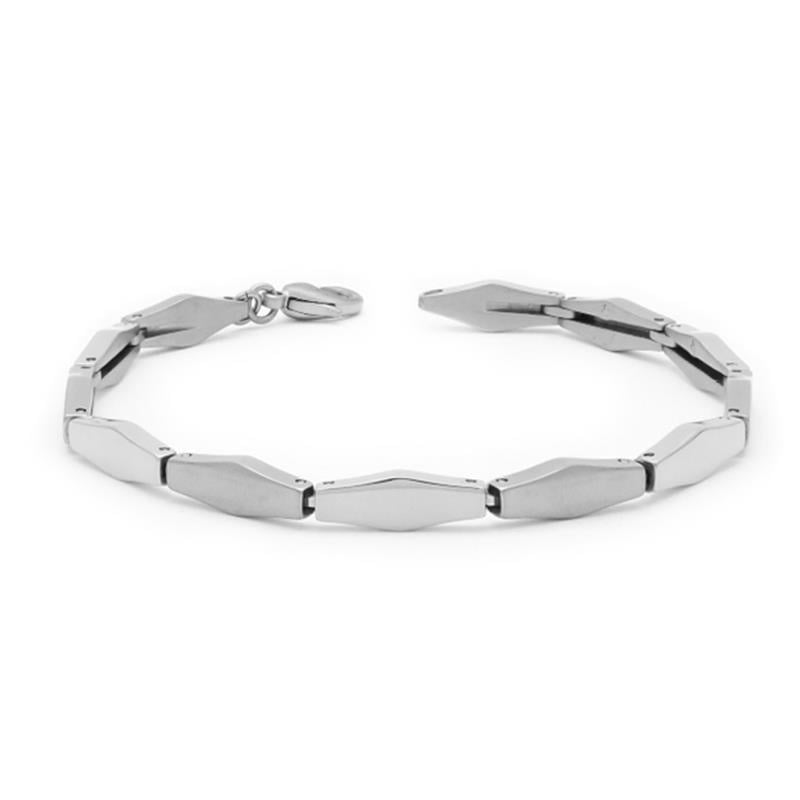 Bracelet en titane argenté avec maillons rectangulaires et fermoir.