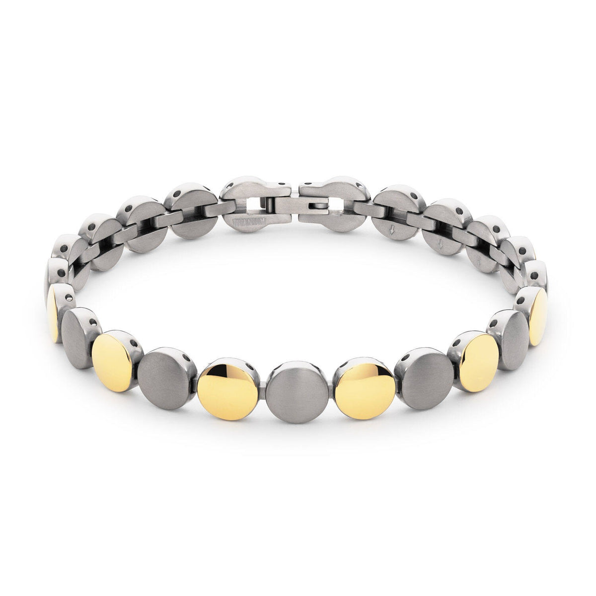 Bracelet en titane avec des maillons ronds argentés et dorés, longueur de 21 cm.