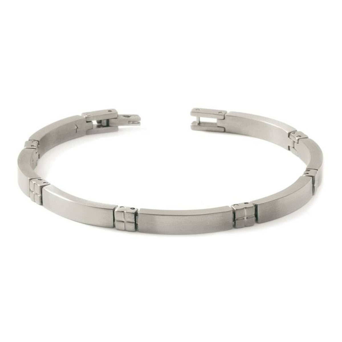 Bracelet en titane argenté avec des maillons rectangulaires et une finition brossée.
