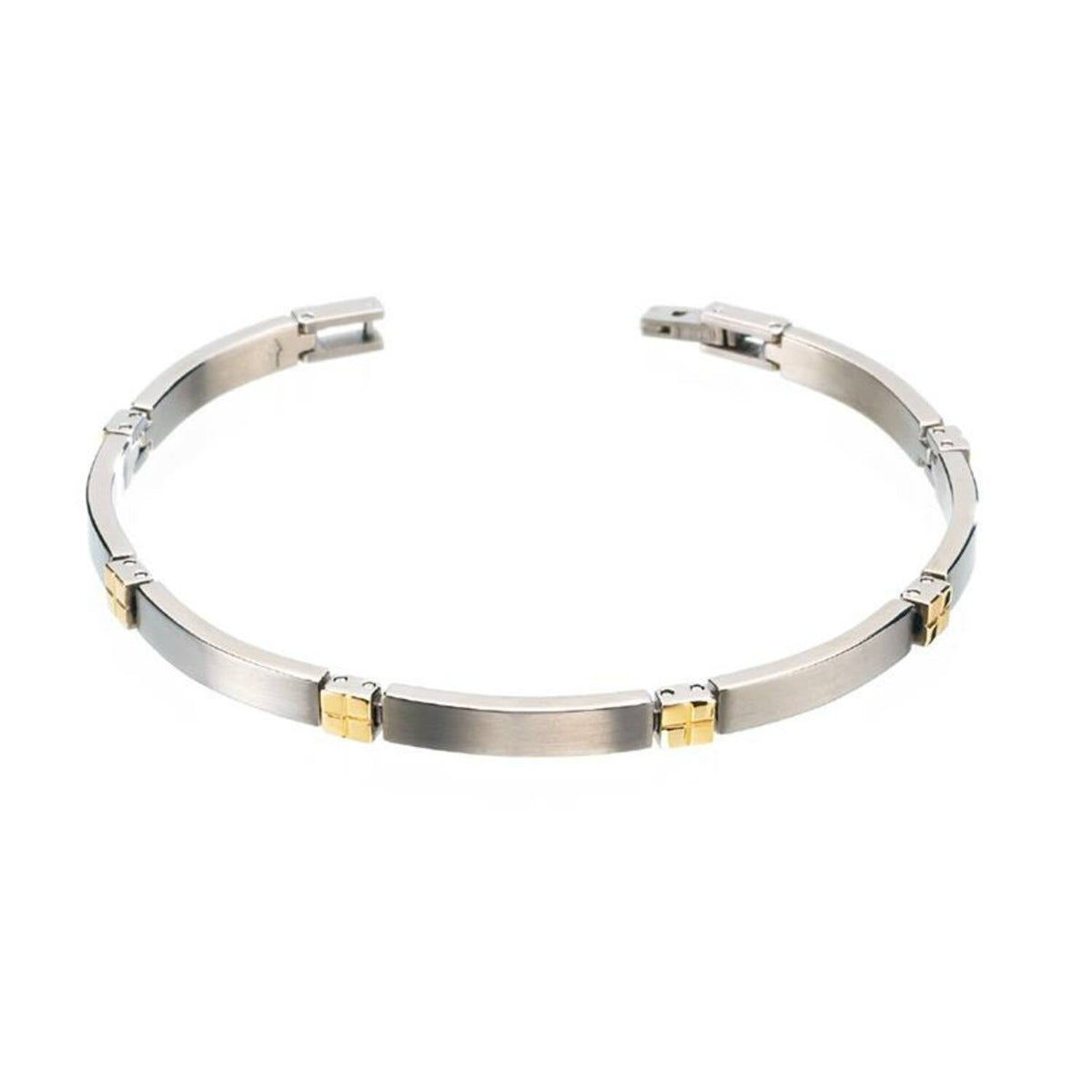 Bracelet en titane bicolore avec des éléments dorés et une finition polie.