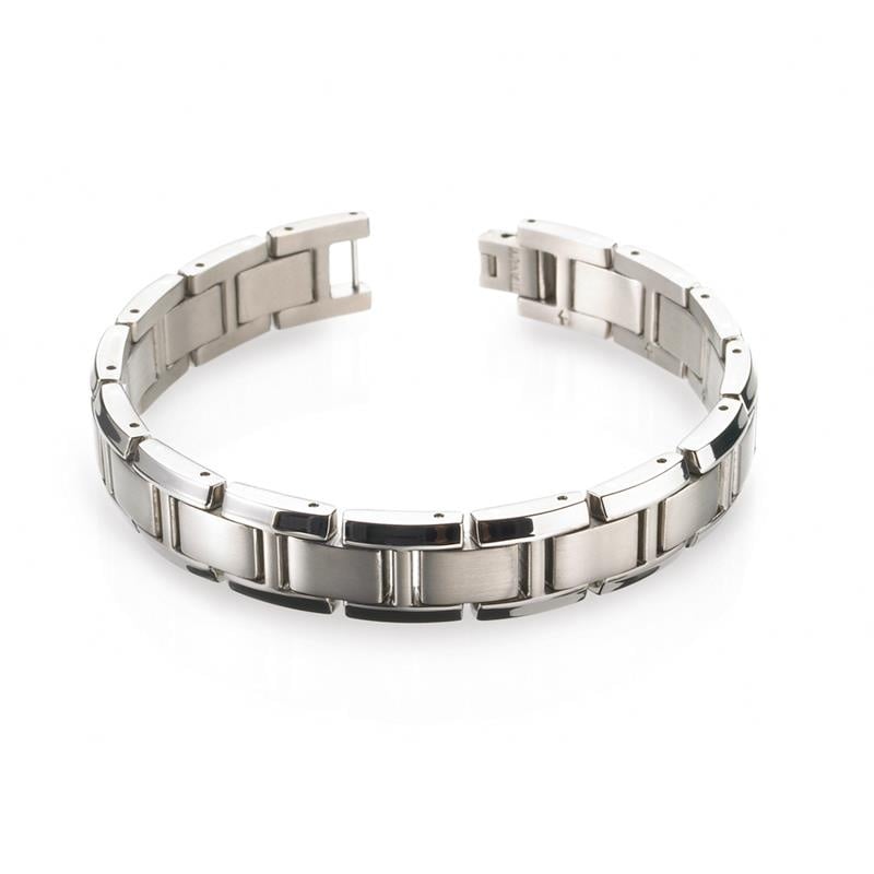 Bracelet en titane argenté avec maillons rectangulaires et finition polie.