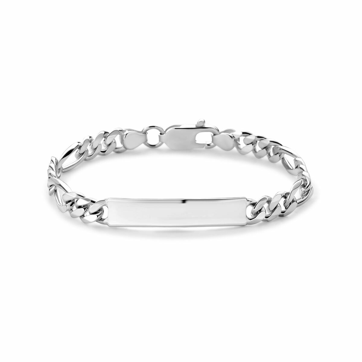 Bracelet en argent blanc avec maillons figaro et plaque gravable de 7,0 mm.