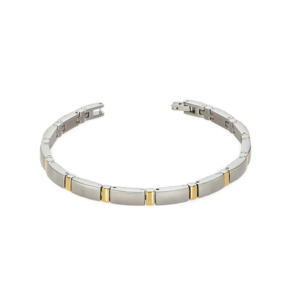 Bracelet en titane bicolore avec des éléments argentés et dorés, finition lisse et design moderne.