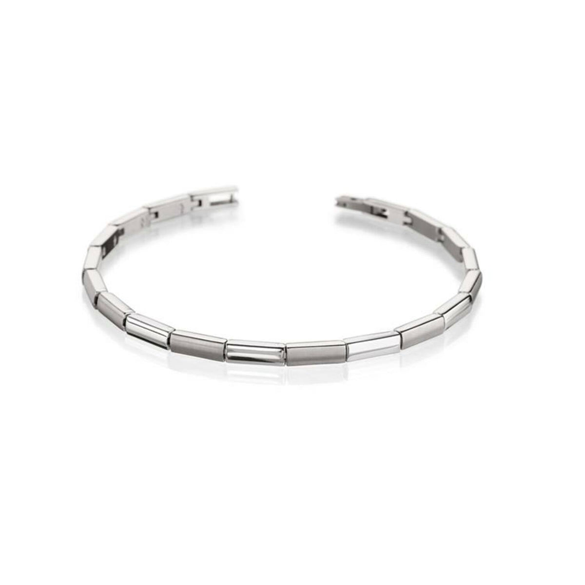 Bracelet en titane argenté avec des maillons rectangulaires et une finition polie.