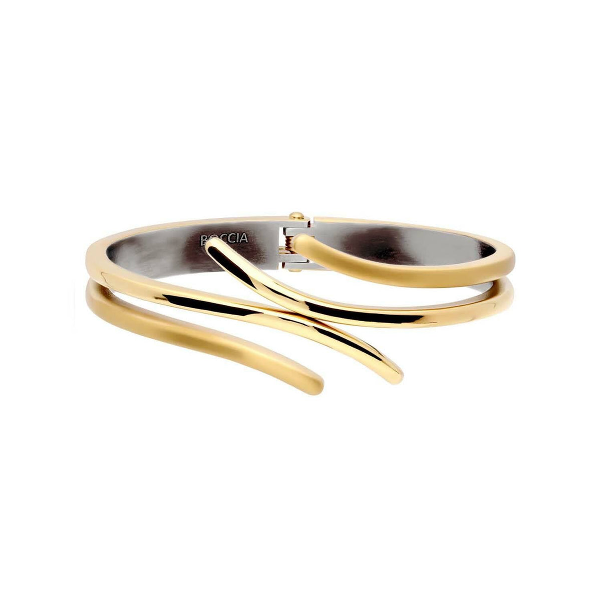 Bracelet en titane avec finition dorée, design moderne à deux bandes entrelacées.