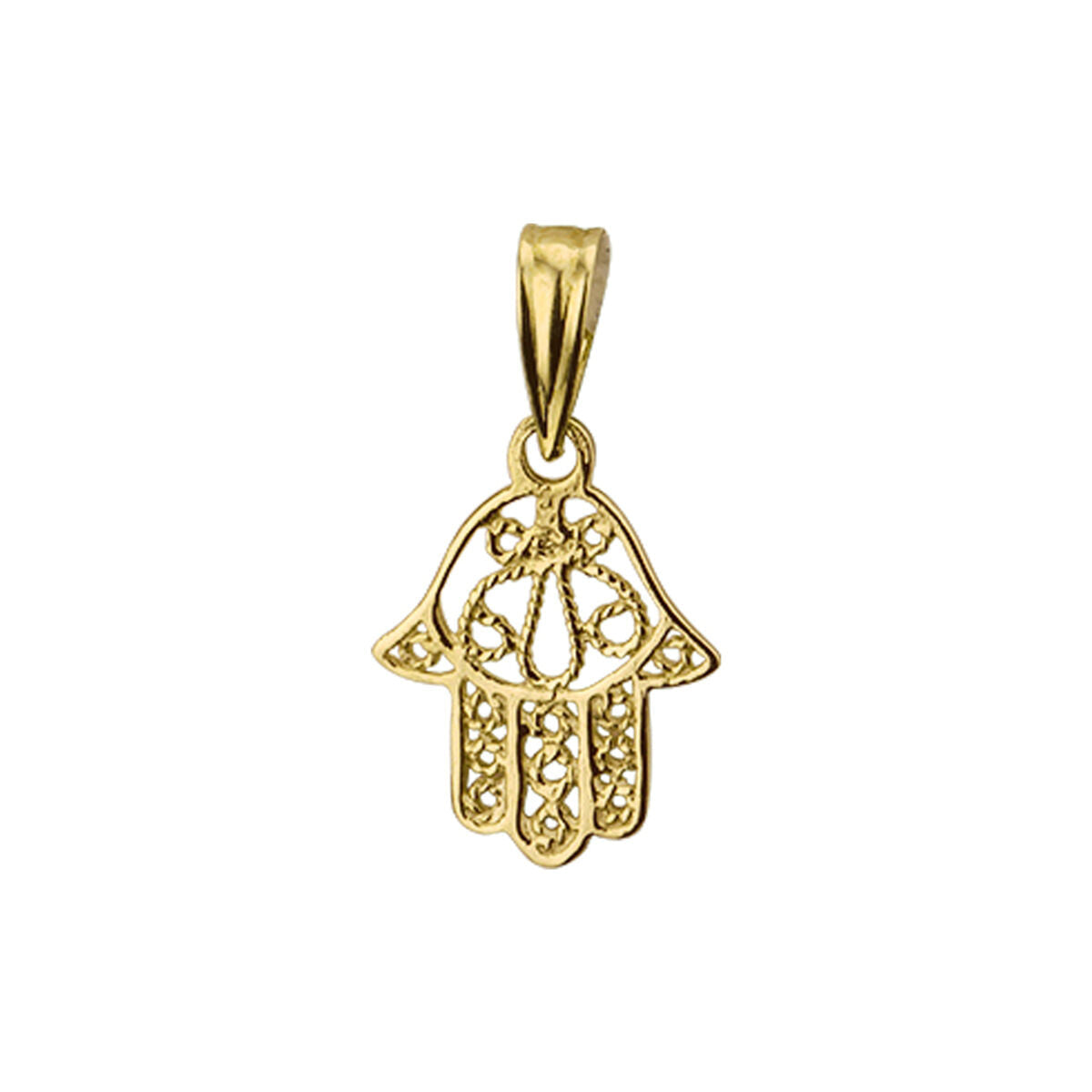 pendentif main de Fatima en or jaune 14 carats avec des détails ajourés.