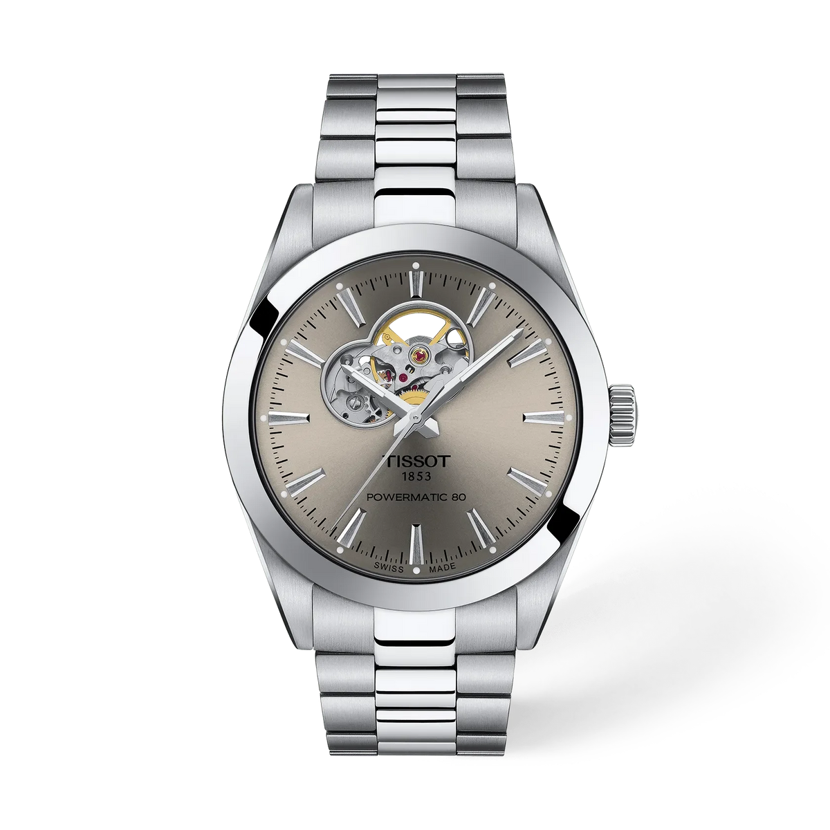Montre Tissot Gentleman Open Heart de 40 mm avec un cadran gris et un bracelet en acier inoxydable.