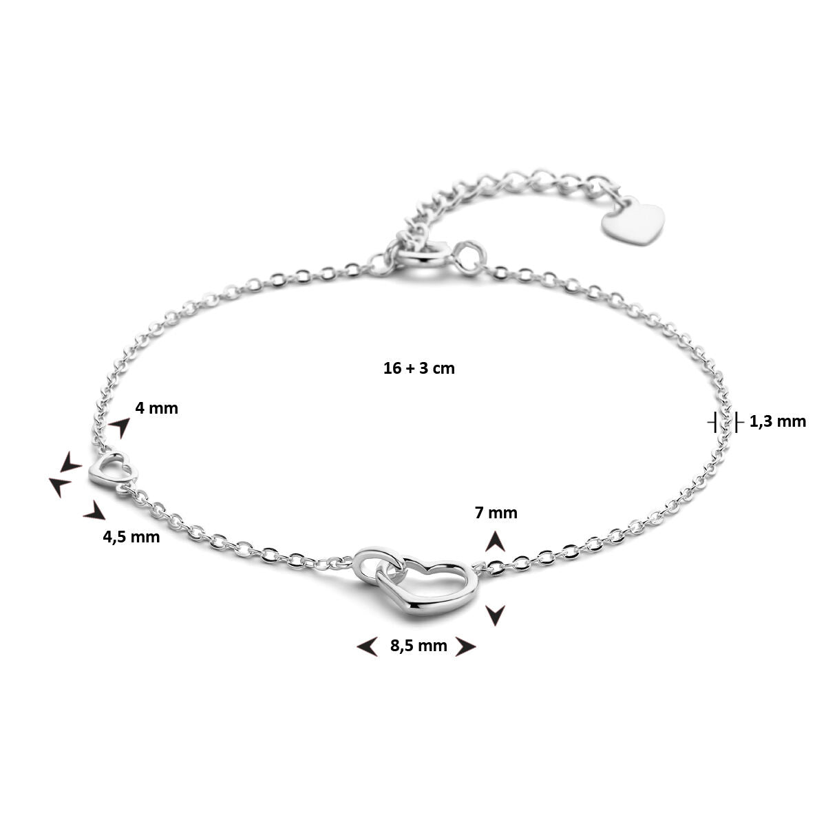 bracelet cœurs 16 + 3 cm argent rhodié