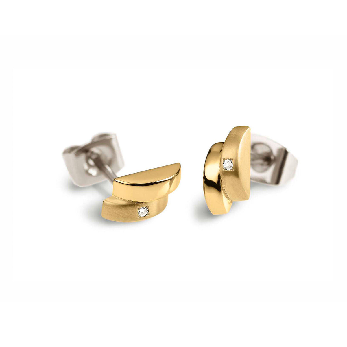 Boucles d'oreilles en titane, avec une finition dorée et un détail en diamant.