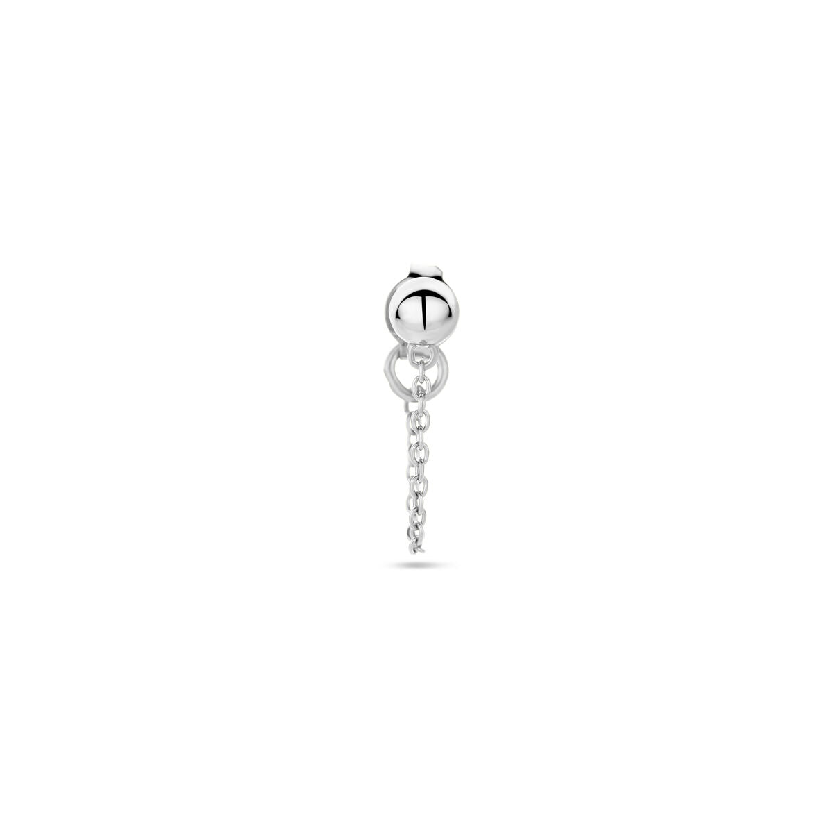 Boucle d'oreille en argent rhodié, forme demi-sphérique avec une chaîne suspendue.