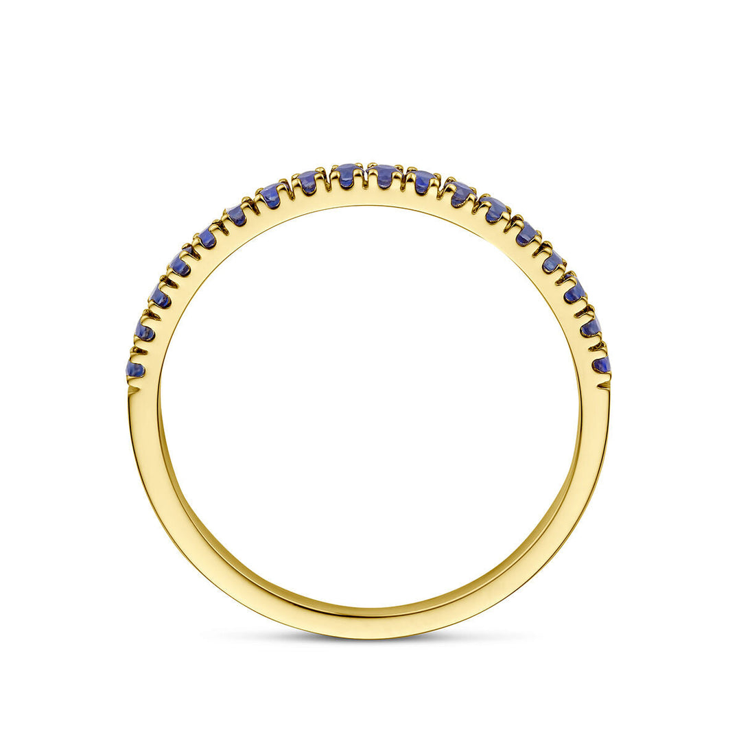 De Van der Kooij Collectie ring met geboortesteen saffier september 14K geelgoud heeft kleine, ronde blauwe saffiertjes gezet langs de bovenste helft en is afgebeeld tegen een witte achtergrond.