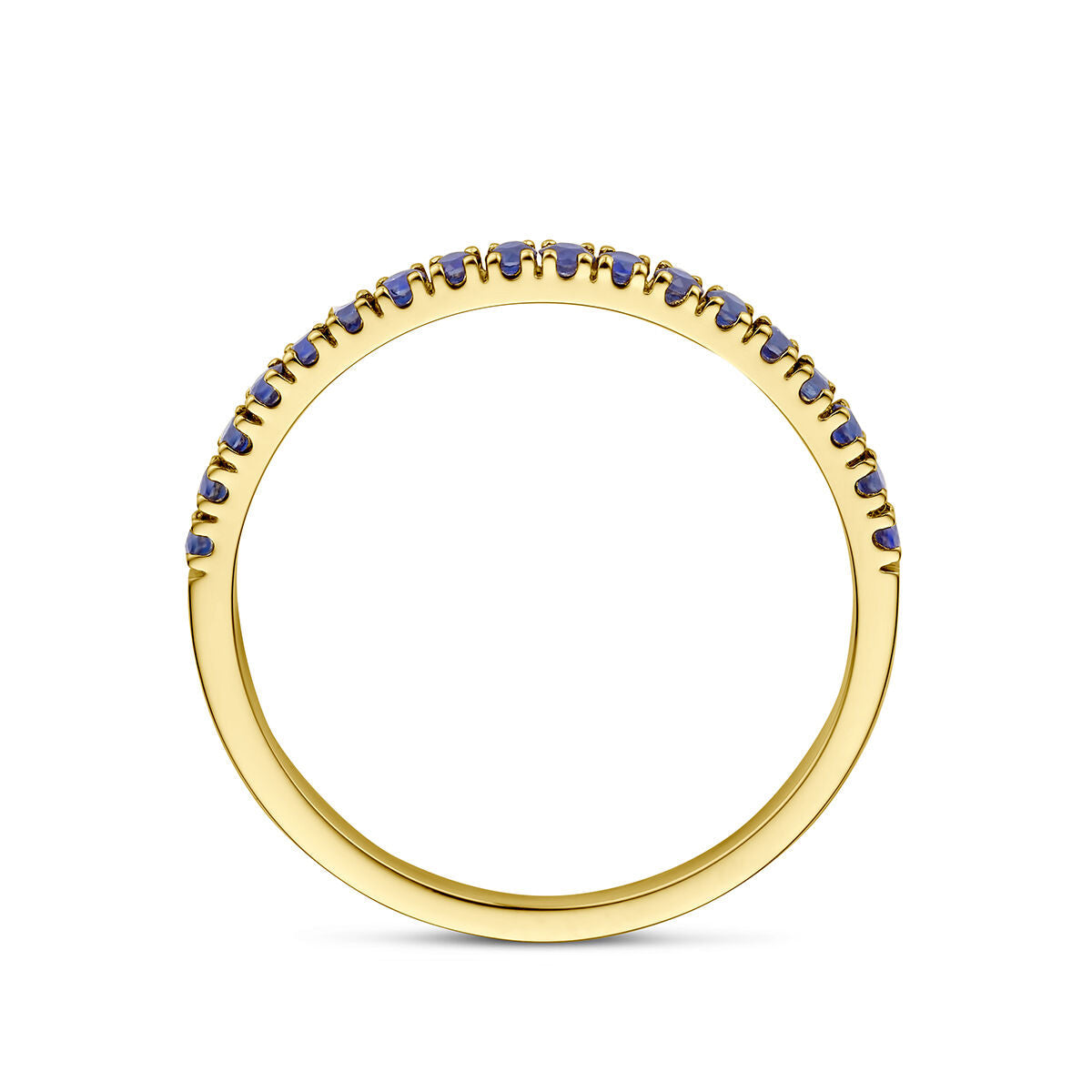De Van der Kooij Collectie ring met geboortesteen saffier september 14K geelgoud heeft kleine, ronde blauwe saffiertjes gezet langs de bovenste helft en is afgebeeld tegen een witte achtergrond.