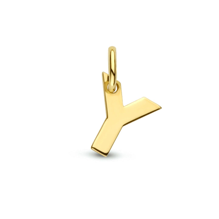 De hangerletter 14K geelgoud uit de Van der Kooij Collectie is een geelgouden Y-vormige hanger met een oogje aan de bovenkant, ideaal voor kettingen of armbanden. Dit stijlvolle exemplaar behoort tot de letterhangerscollectie en wordt afgebeeld op een effen witte achtergrond.