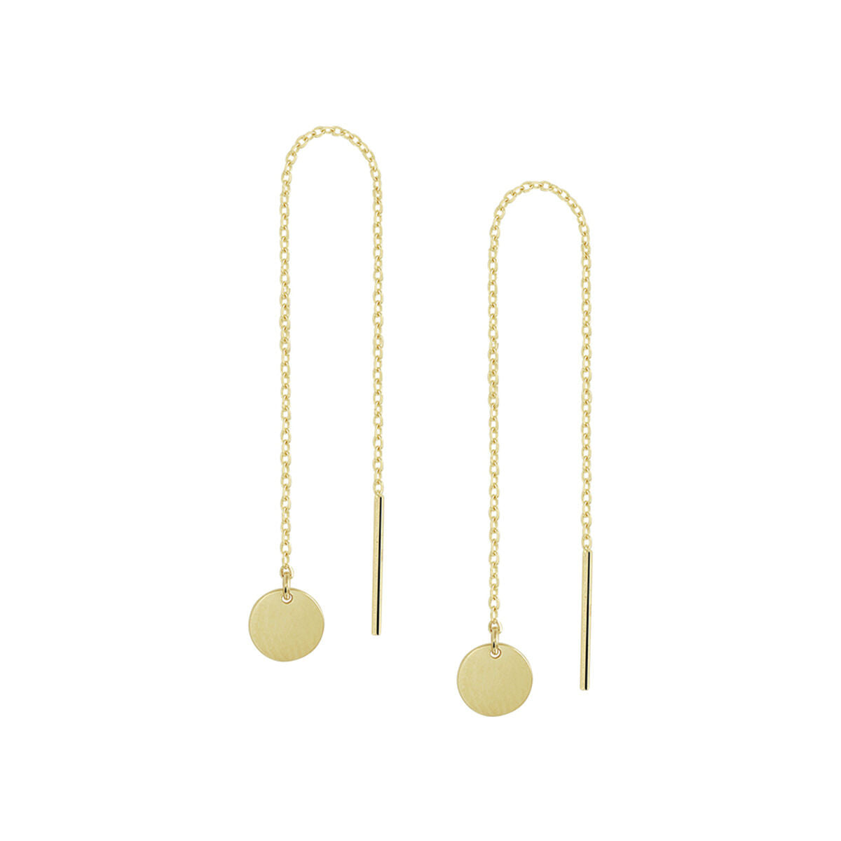 Boucles d'oreilles en or jaune 14K avec des cercles suspendus et des chaînes délicates.