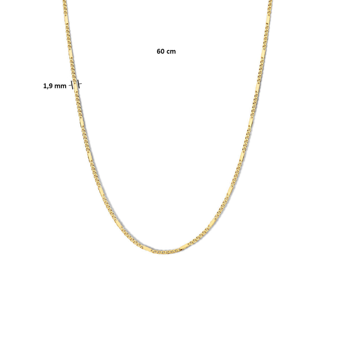 De Gouden ketting heren - collier valkenoog met tussenstuk 1,9 mm 14K van Van der Kooij Collectie is afgebeeld in een U-vorm op een witte ondergrond; de ketting heeft een lengte van 60 cm en een breedte van 1,9 mm.