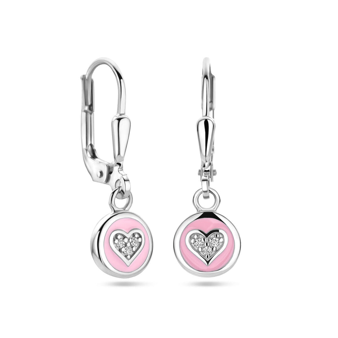 oorhangers  hart zirkonia en roze emaille brisur haak zilver gerhodineerd