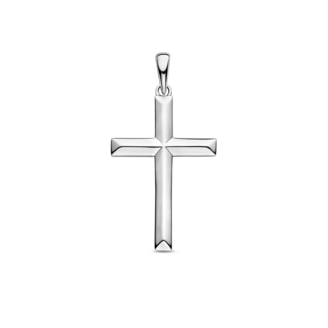 De Van der Kooij Collectie hanger kruis zilver gerhodineerd is gemaakt van 925 zilver, heeft een glad gepolijst oppervlak met licht afgeschuinde randen en wordt stijlvol gepresenteerd tegen een witte achtergrond.