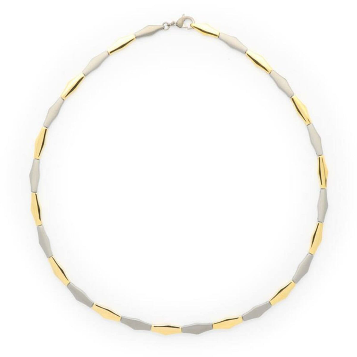 Collier bicolore en titane avec des maillons alternés dorés et argentés.