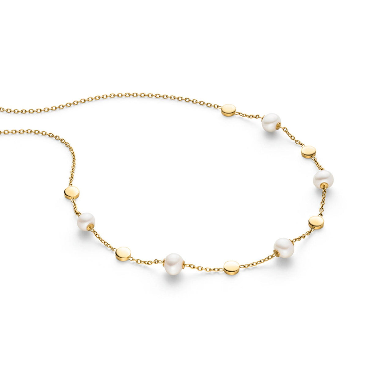 Collier en titanium doré avec des perles blanches et des disques dorés, longueur de 45 cm.