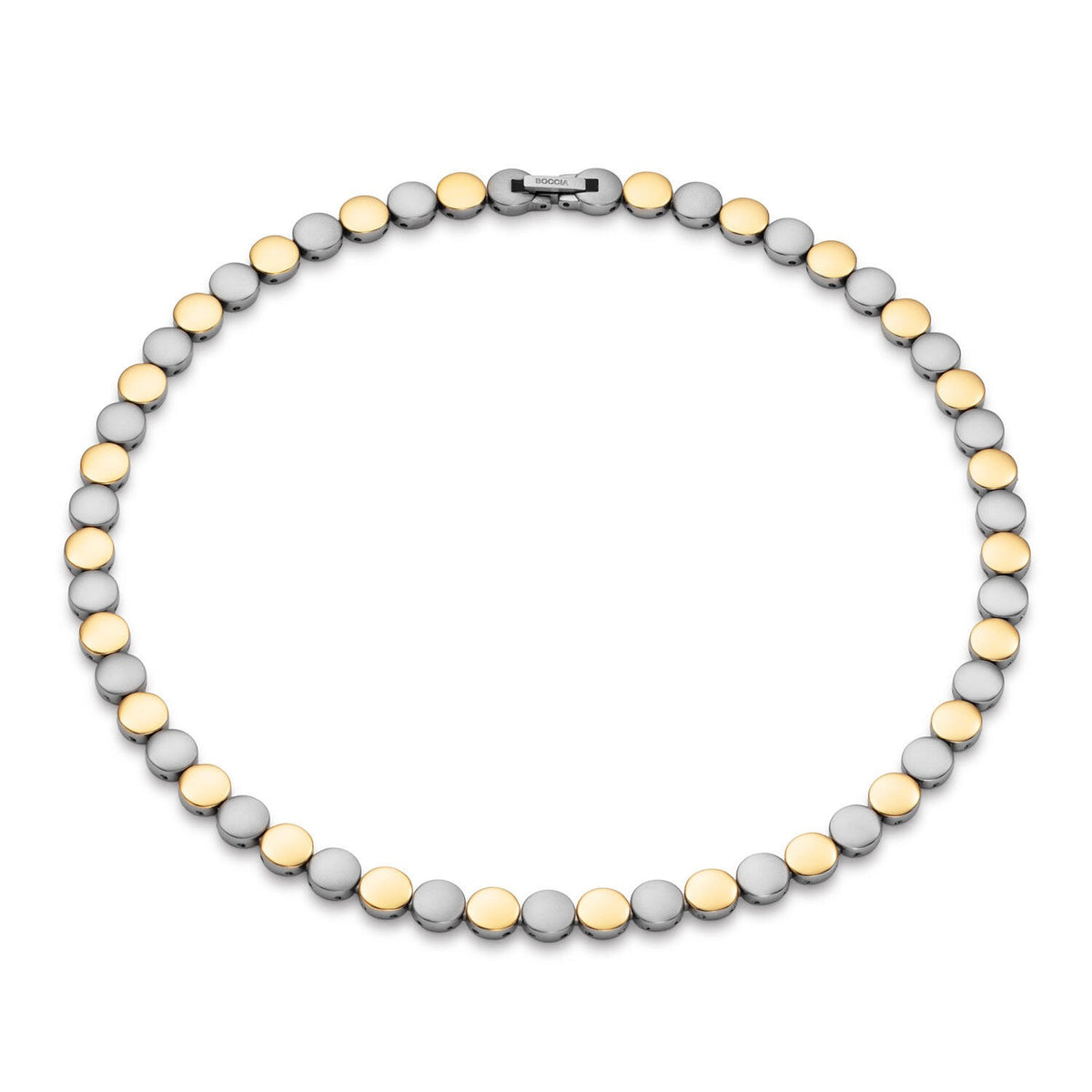 Collier en titane avec des maillons ronds argentés et dorés, longueur de 45 cm.