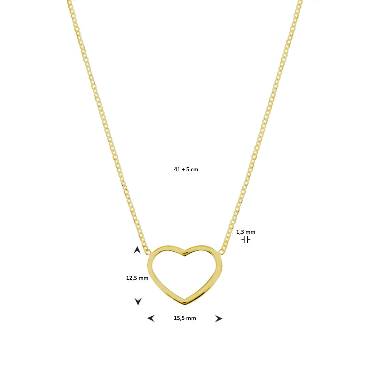 collier cœur 41 + 5 cm 3 microns plaqué or jaune