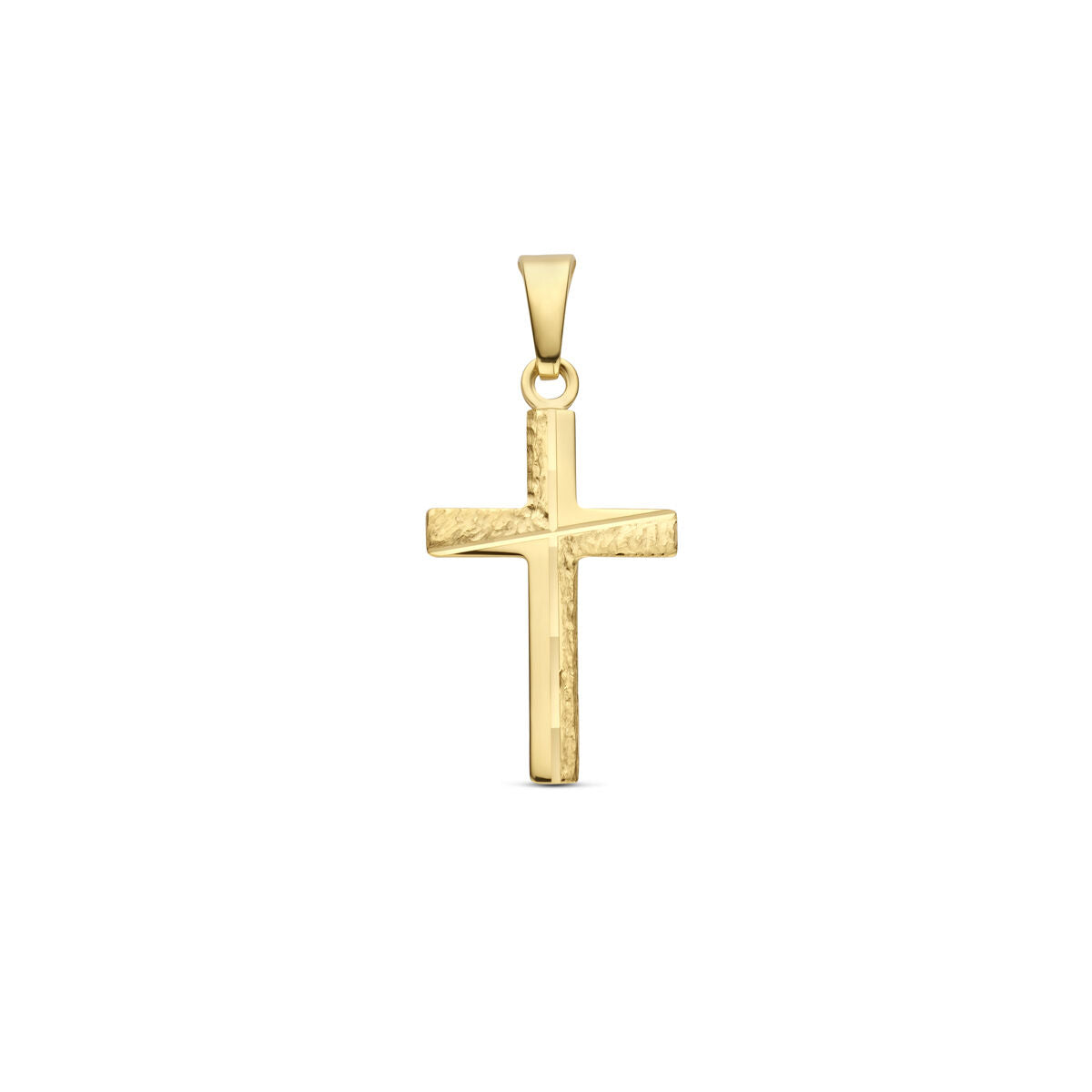 Pendentif croix en or jaune 14K, finition martelée, dimensions 18 mm.