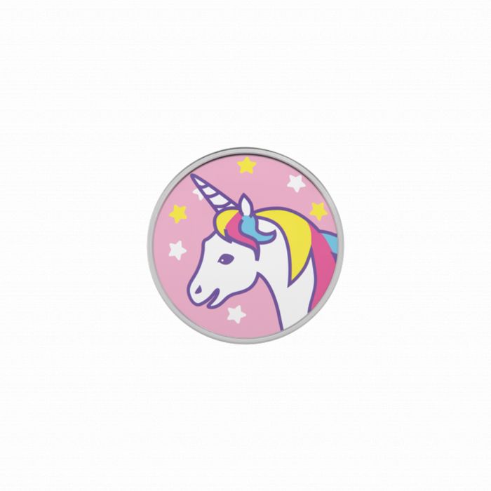 Boucles d'oreilles en acier représentant une tête de licorne sur un fond rose avec des étoiles.