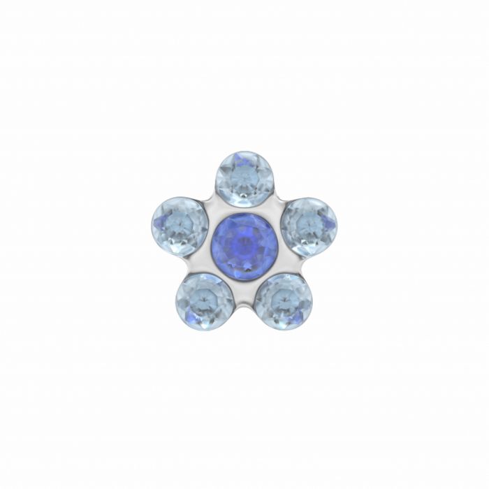 Boucles d'oreilles en forme de fleur avec des pierres bleues et un centre violet.