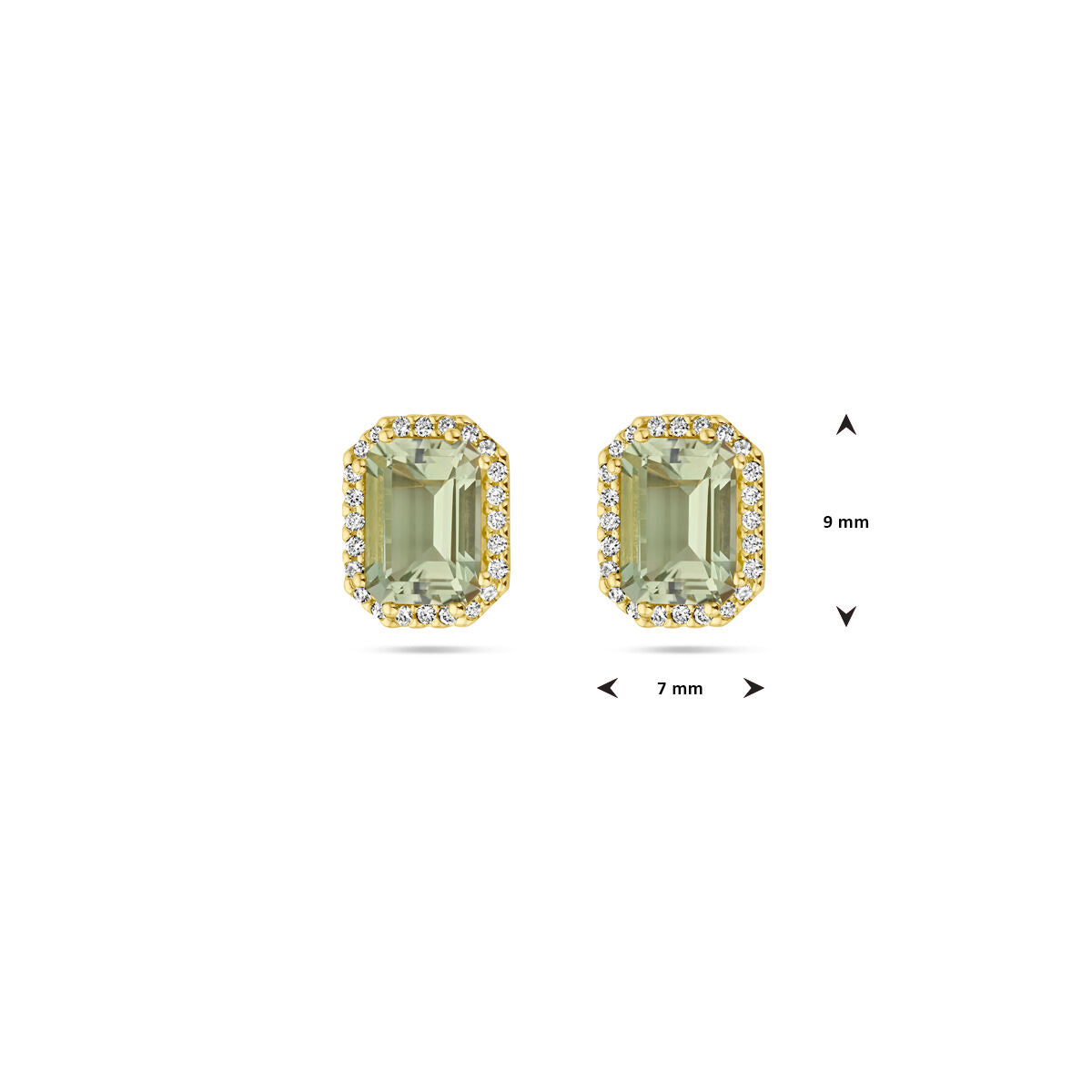 puces d'oreilles améthyste verte et diamant 0.14ct (2x 0.07ct) h si halo or jaune 18K