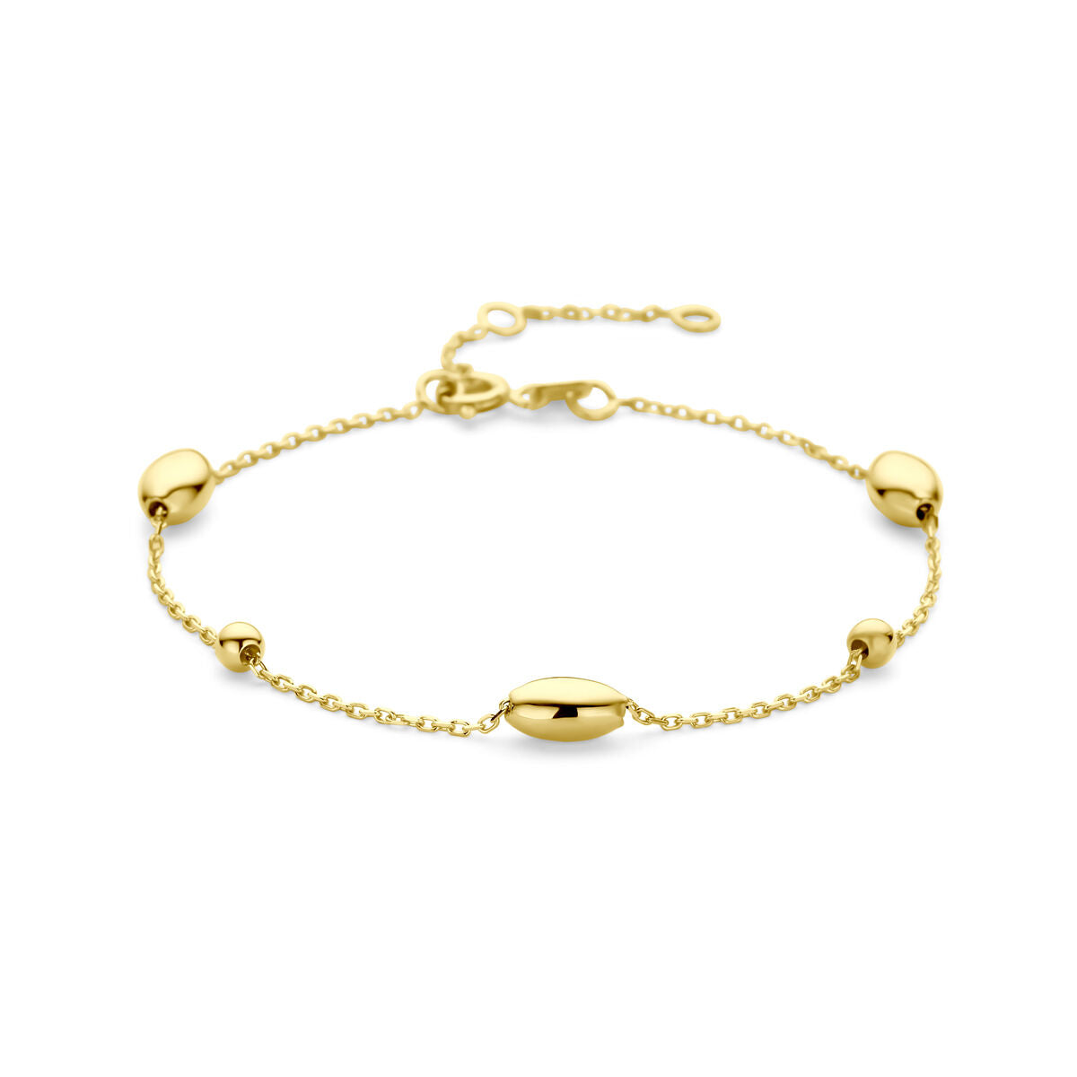 Bracelet en or jaune 14K avec des ovales et des billes, longueur ajustable de 16 à 19 cm.