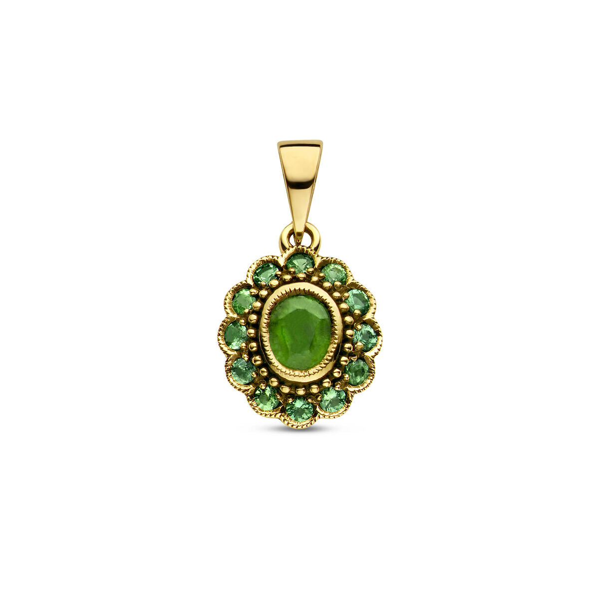 pendentif en or jaune 14K avec émeraude centrale et pierres vertes entourantes.