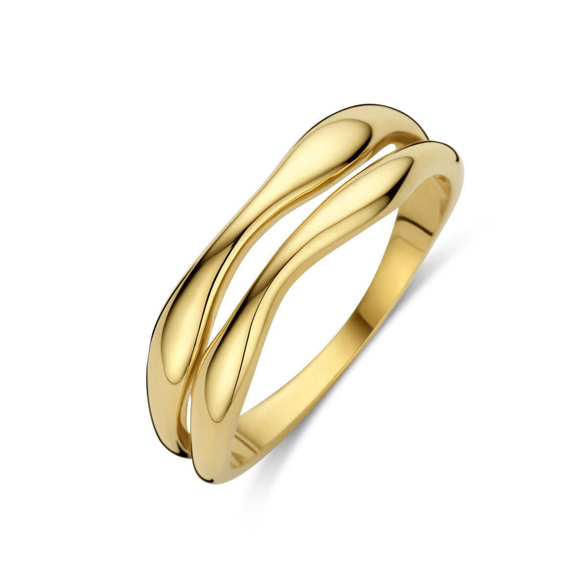 Bague en or jaune 14 carats avec un design ondulé et poli.