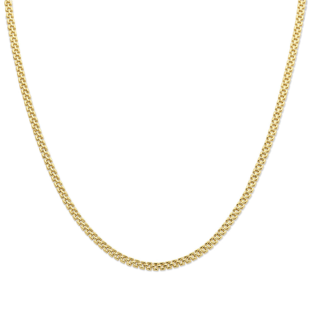 De Van der Kooij Collectie collier panter 5 mm 43 cm in 14K geelgoud heeft een klassiek, eenvoudig ontwerp met een veilige karabijnsluiting, weergegeven op een witte achtergrond.