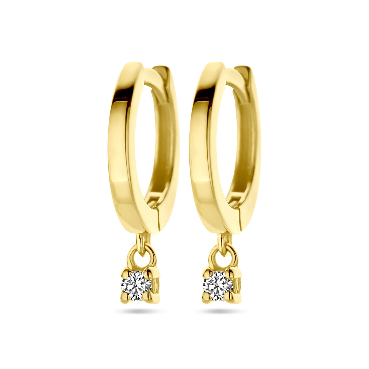 Boucles d'oreilles en or jaune 14K avec un diamant de 0,06 ct, forme ronde et pendantes.