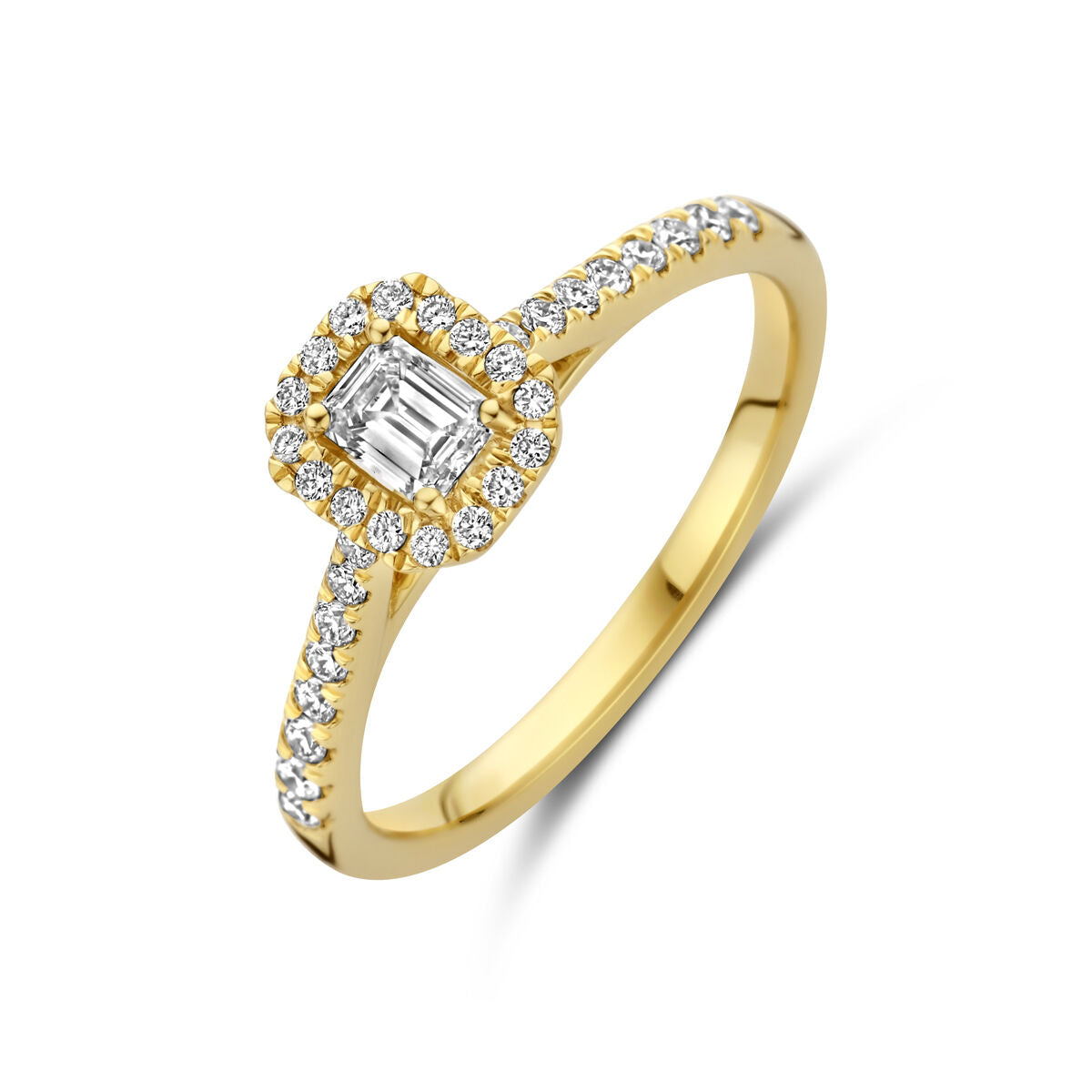 Bague en or jaune 14K avec diamant lab-grown de 0,48 ct, sertie de petits diamants autour.