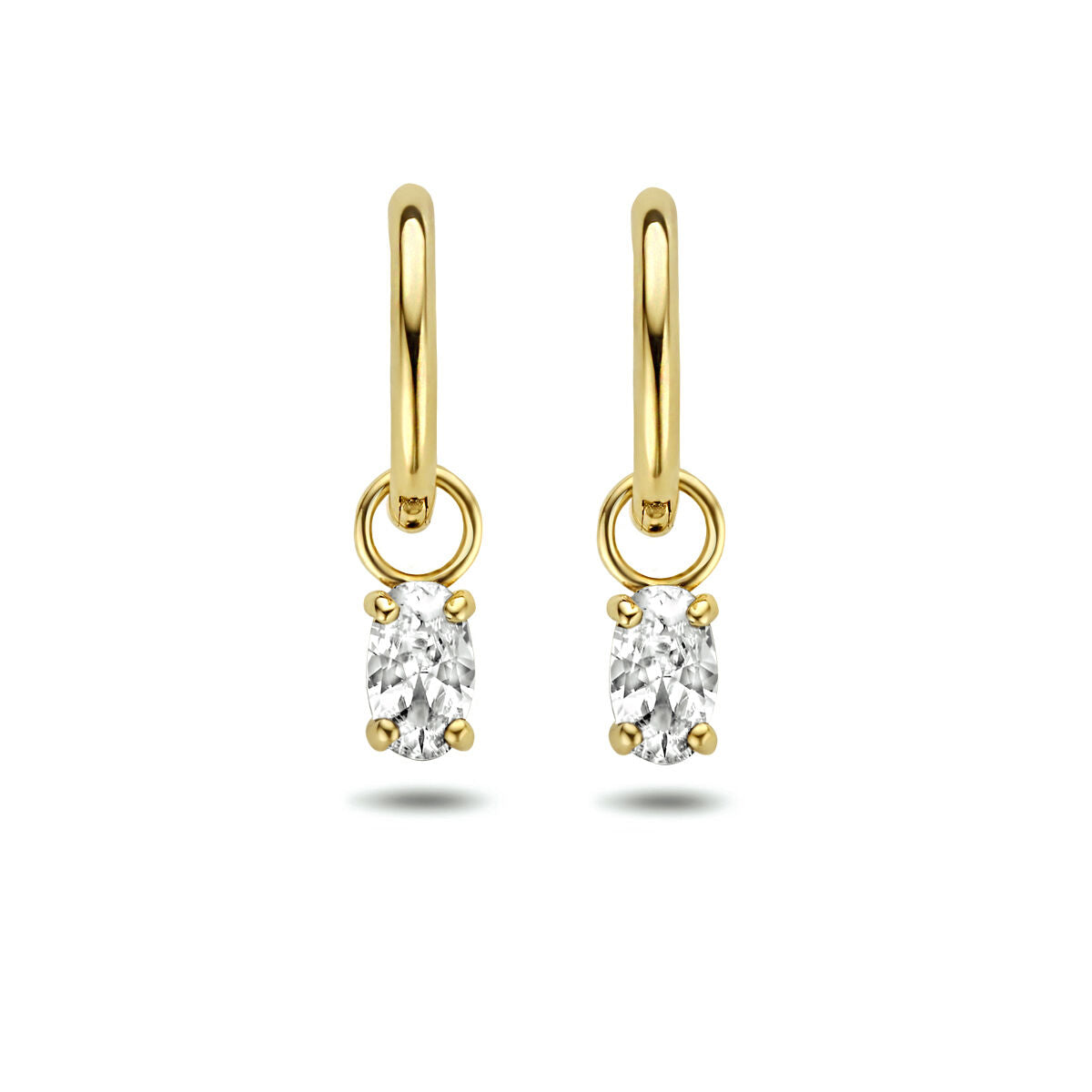 Boucles d'oreilles en or jaune 14K avec zirconia, forme ovale suspendue.