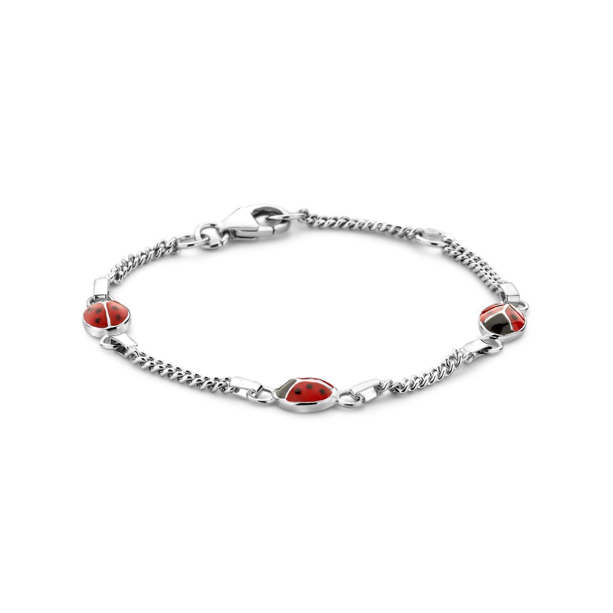 Bracelet en argent rhodié avec des motifs de coccinelle rouge.