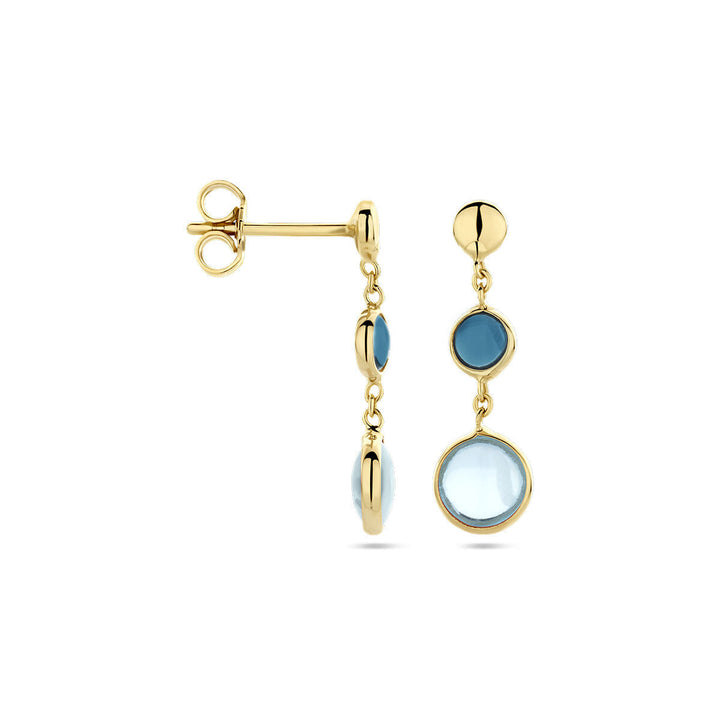 oorhangers blauw topaas en london blue topaas 14K geelgoud